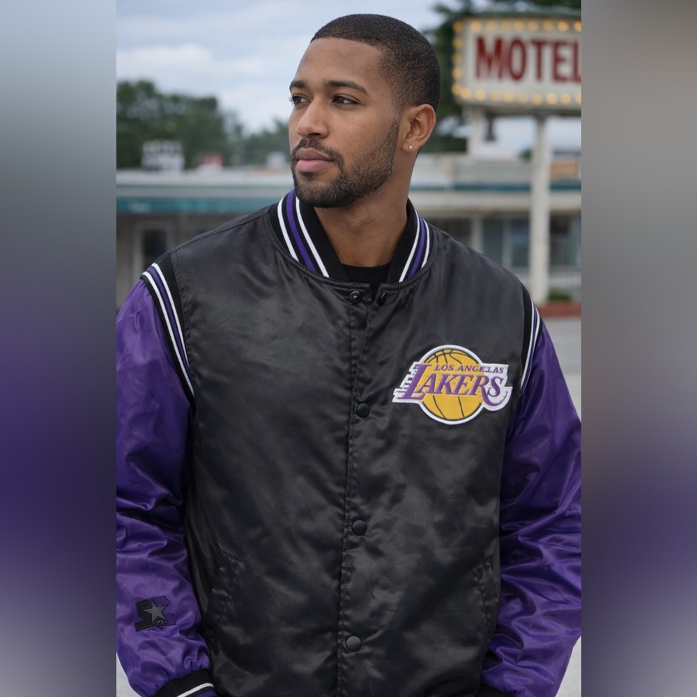 Starter Los Angeles Lakers Satin Varsity Jacket Black Purple Size S